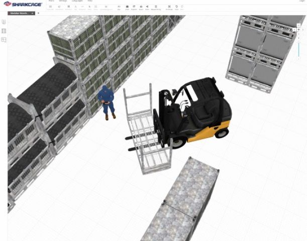 Screenshot of forklift moving stack-rack inside a warehouse built in SHARKCAGE3D planner