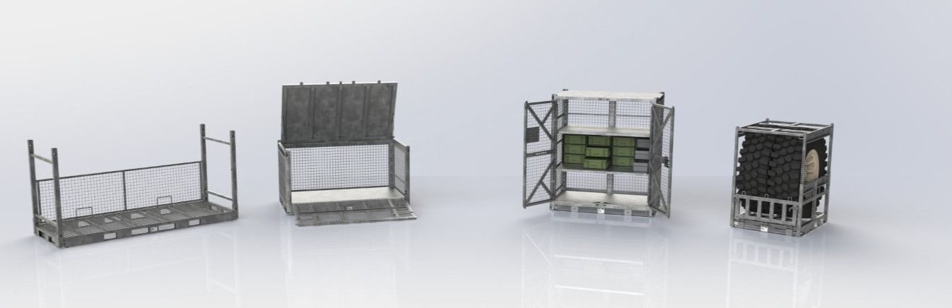 SHARKCAGE cages positioned from left to right: stack-rack, tactical basket, tactical locker, wheel cage.