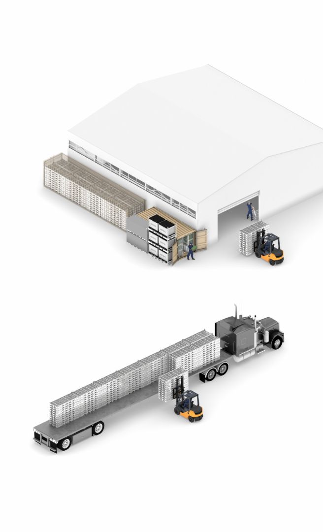 Flat-packed STACK-RACKS on a flat-bed truck being unloaded to a warehouse